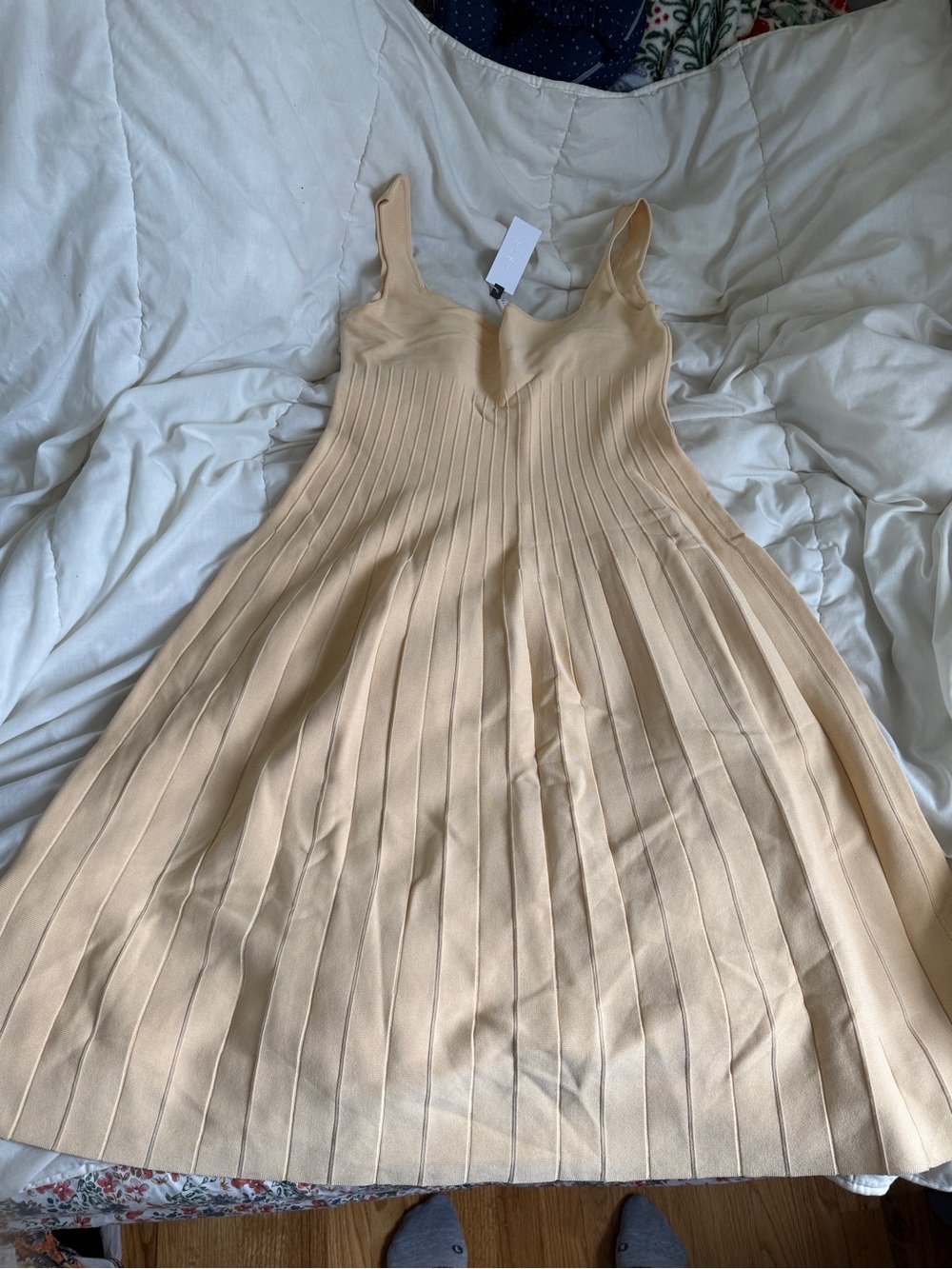 Astr Ribbed Pleated Midi Dress in Beige Cream
